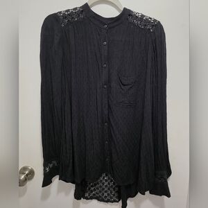 Free People Crochet Back Gauze Top Black Button Up Long Sleeve Shirt Sz XS